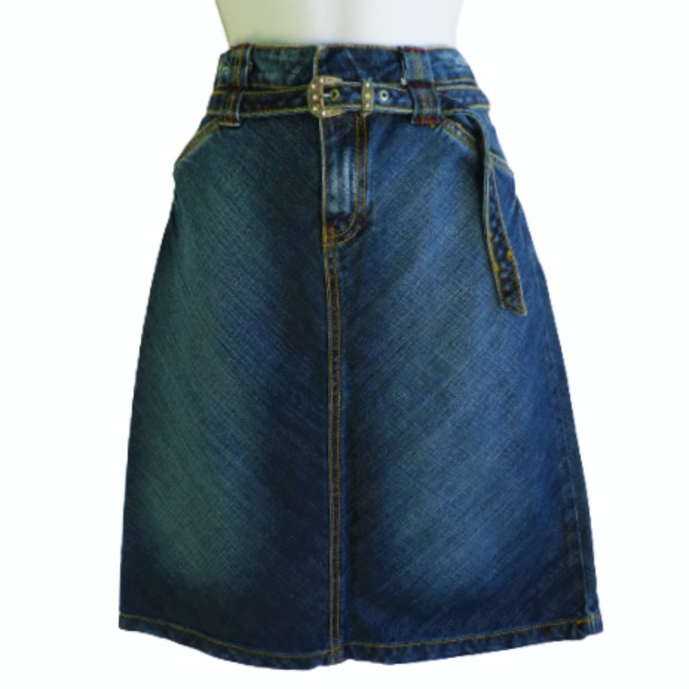 Zara TRF 100% Denim Skirt Rhinestone Belt Sandblasted Western V Back Yoke Cotton
